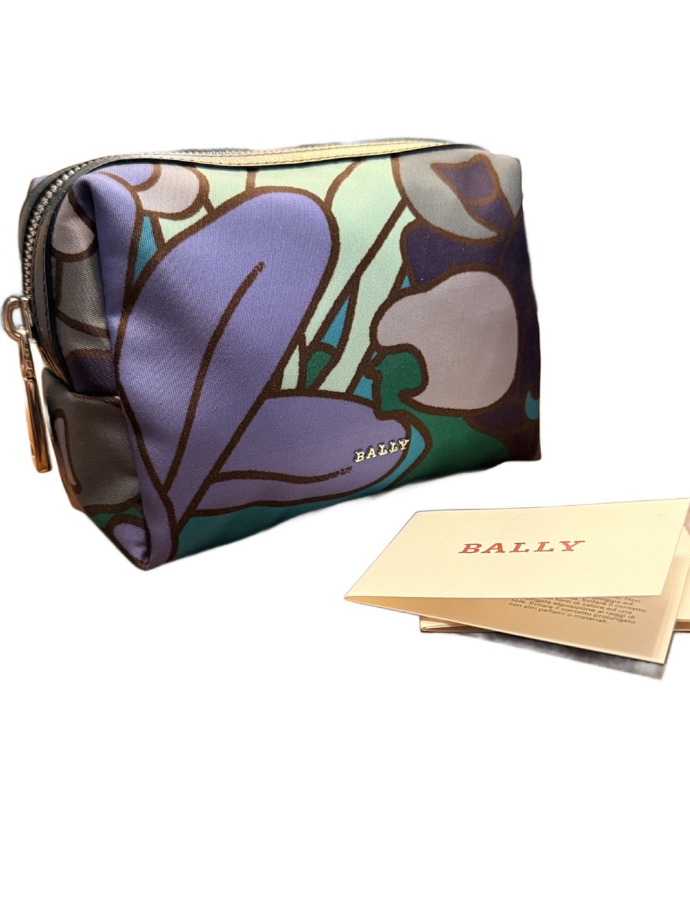 Bally Floral Cosmetic Pouch in Lavender & Green w Silver Zipper